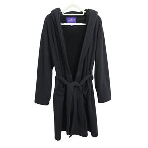 Savile Row Co London Black Hooded Fleece Robe Mens S/M Wrap Waist Tie Pockets